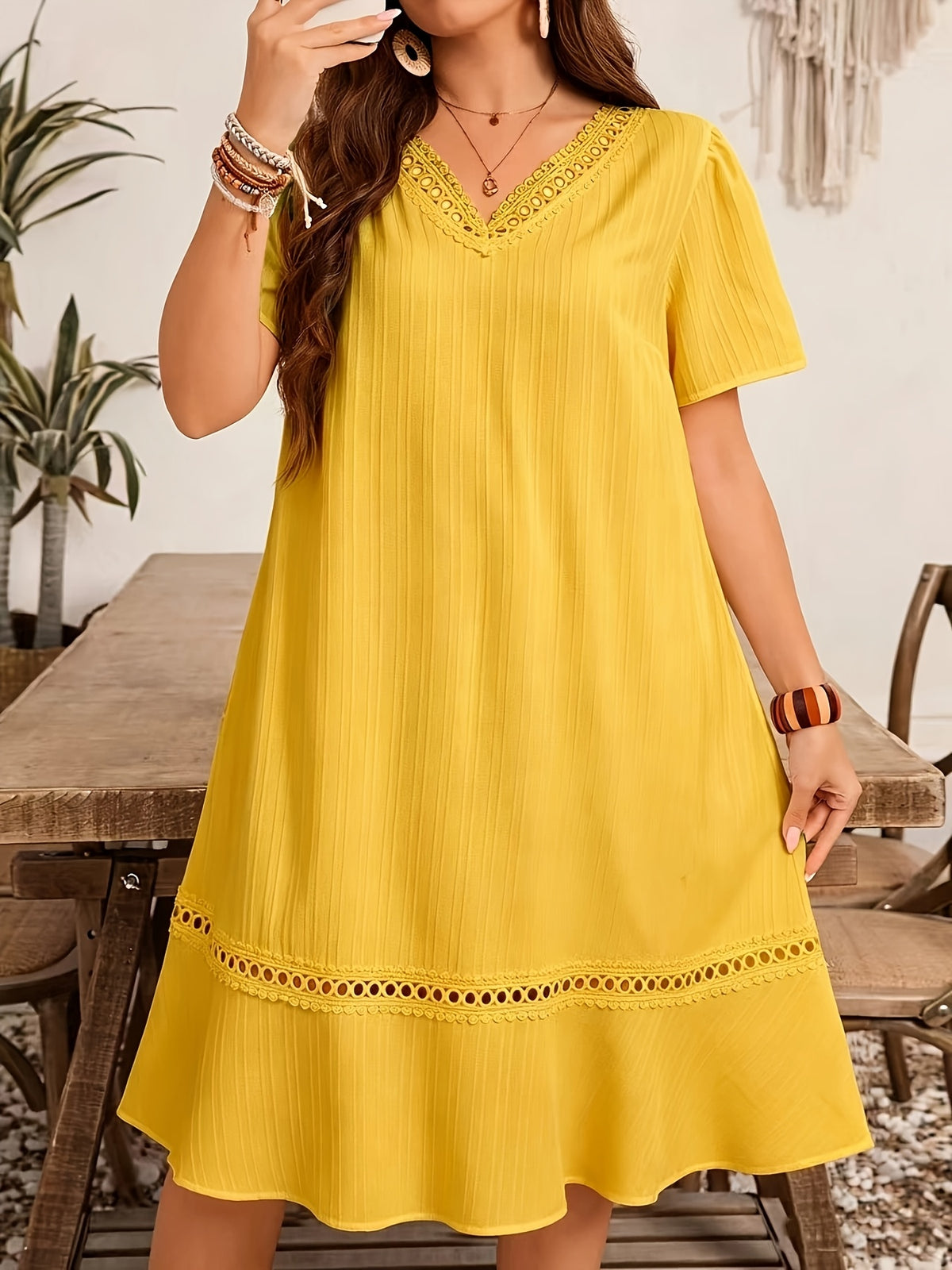 Robe tunique grande taille — Bleu à galon ajouré au crochet
