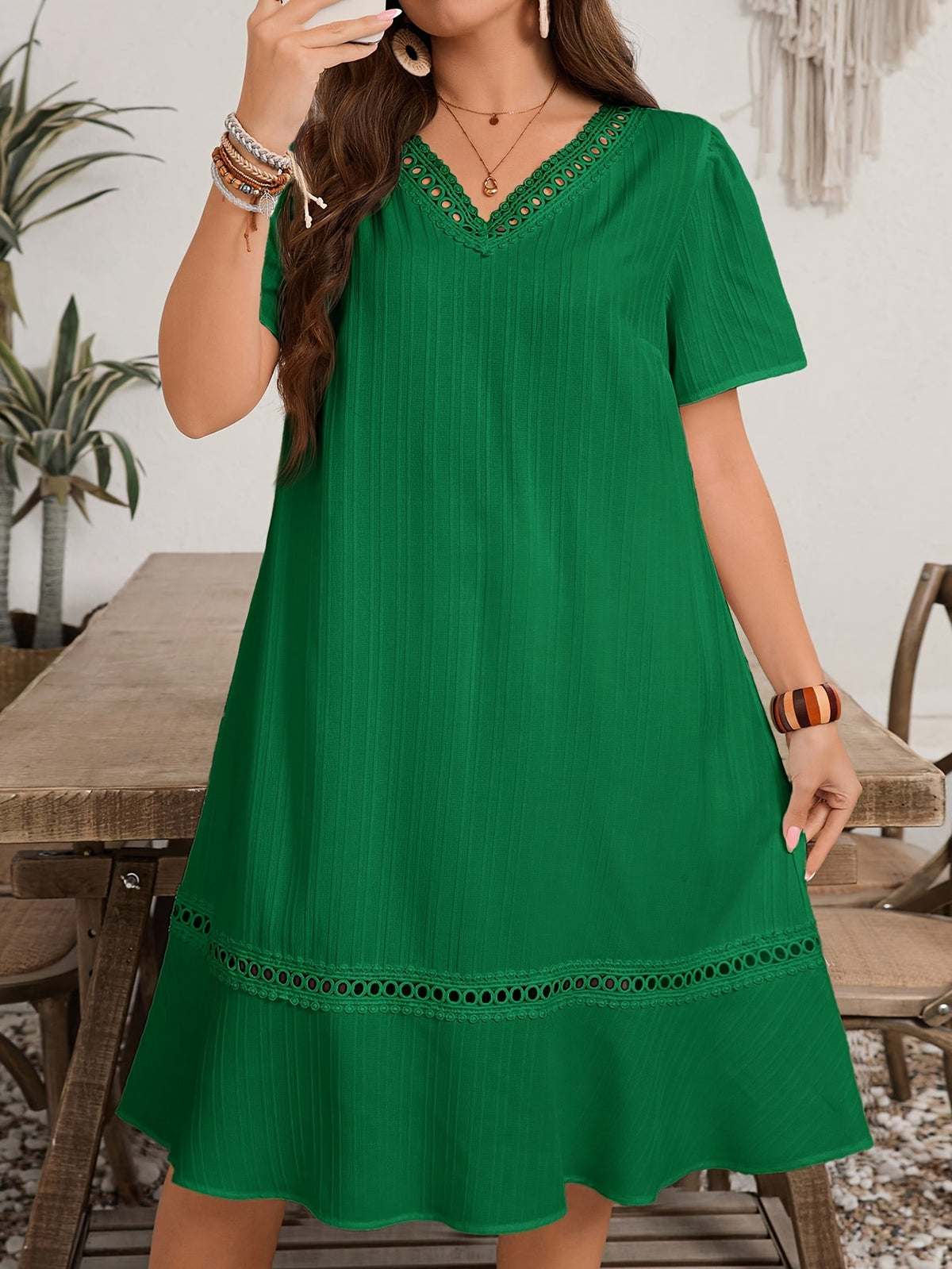 Robe tunique grande taille — Bleu à galon ajouré au crochet