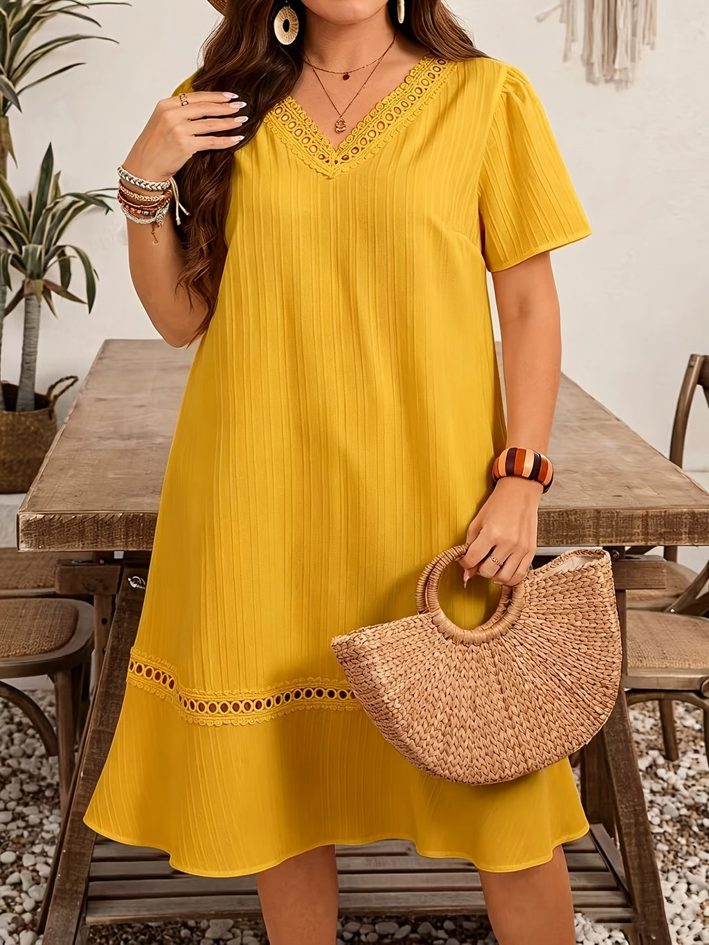 Robe tunique grande taille — Bleu à galon ajouré au crochet