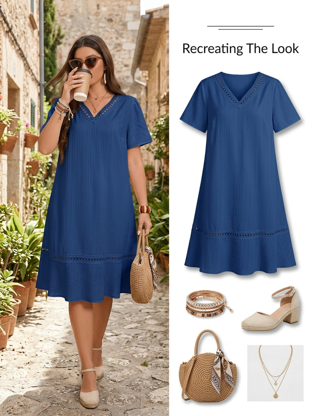 Robe tunique grande taille — Bleu à galon ajouré au crochet