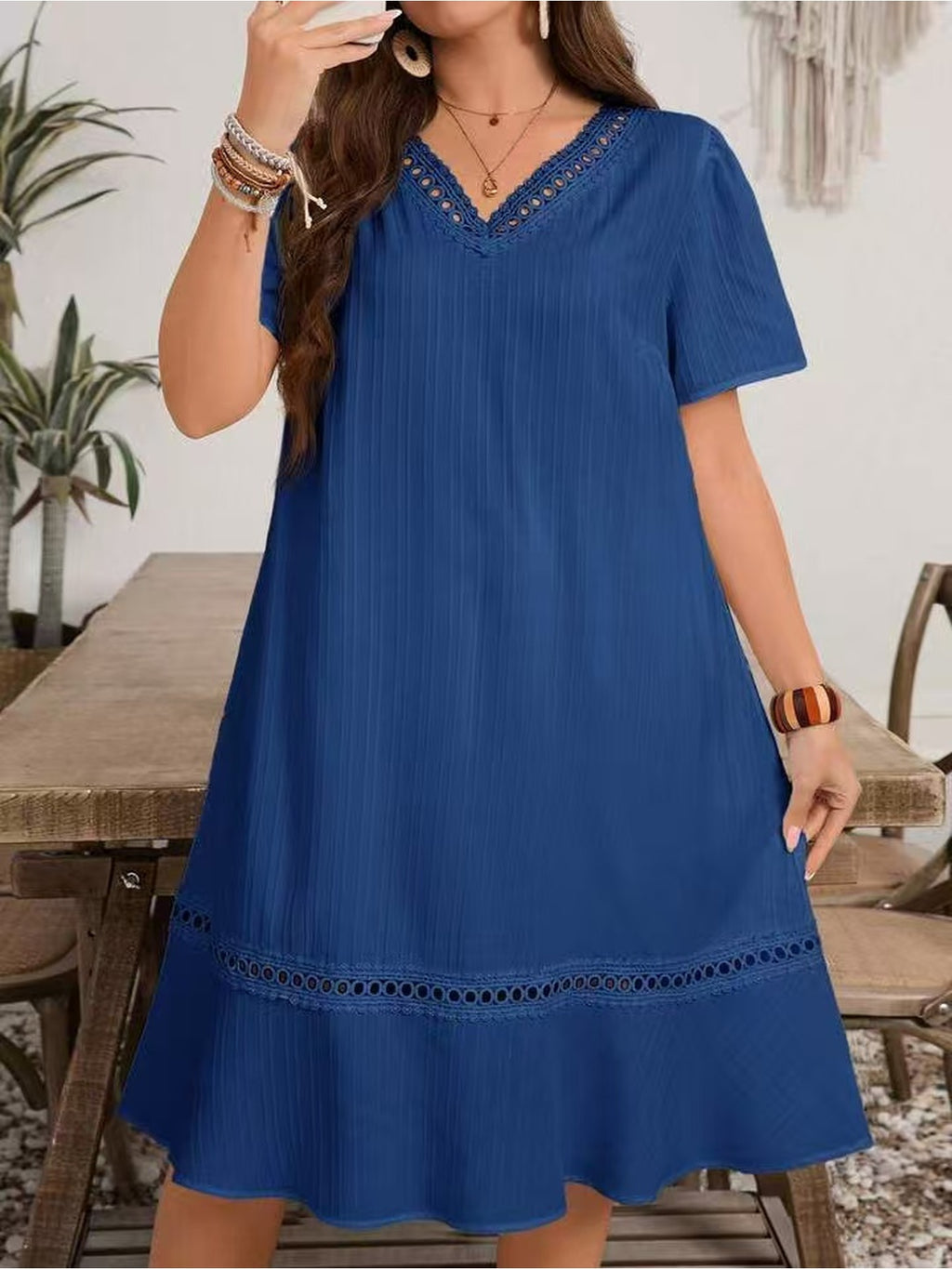 Robe tunique grande taille — Bleu à galon ajouré au crochet