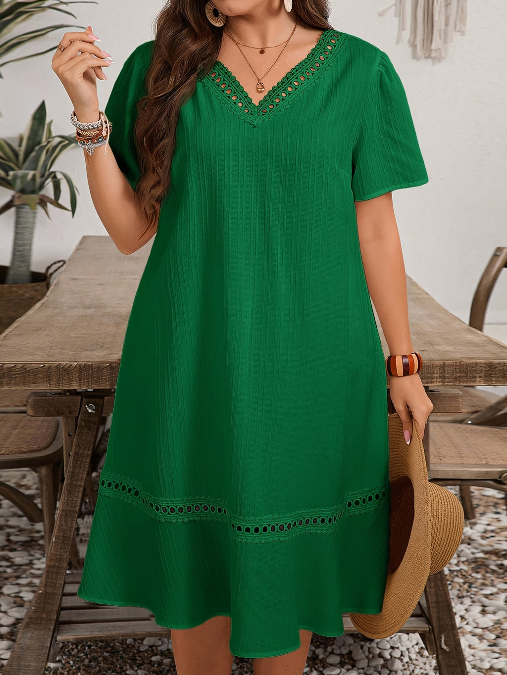 Robe tunique grande taille — Bleu à galon ajouré au crochet