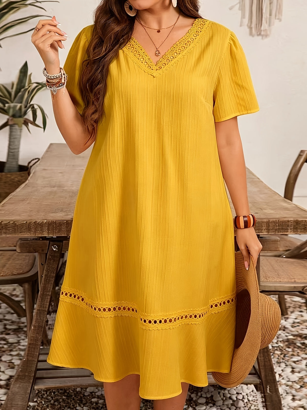 Robe tunique grande taille — Bleu à galon ajouré au crochet