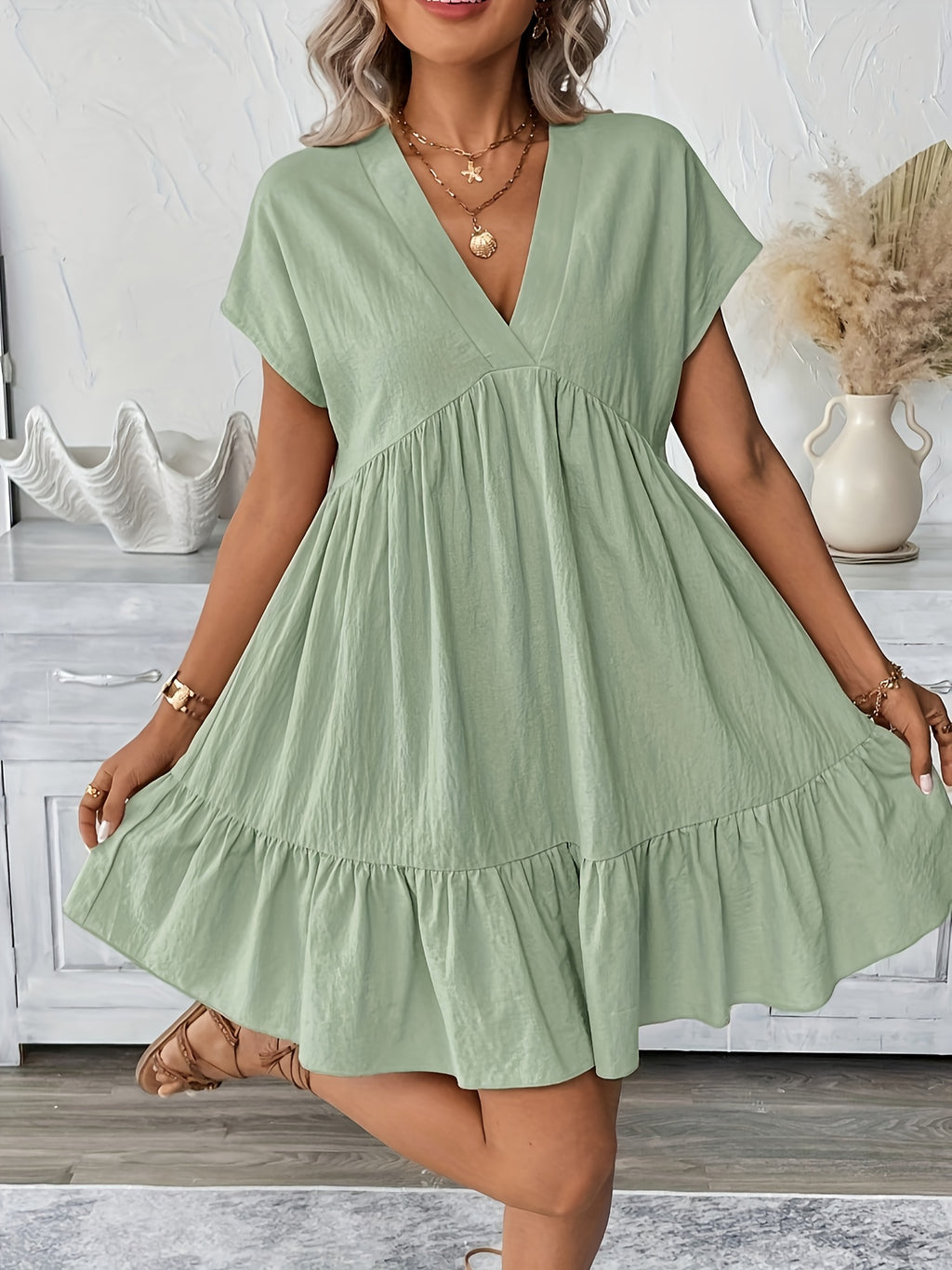 Robe tunique grande taille — Manches kimono et volant bas