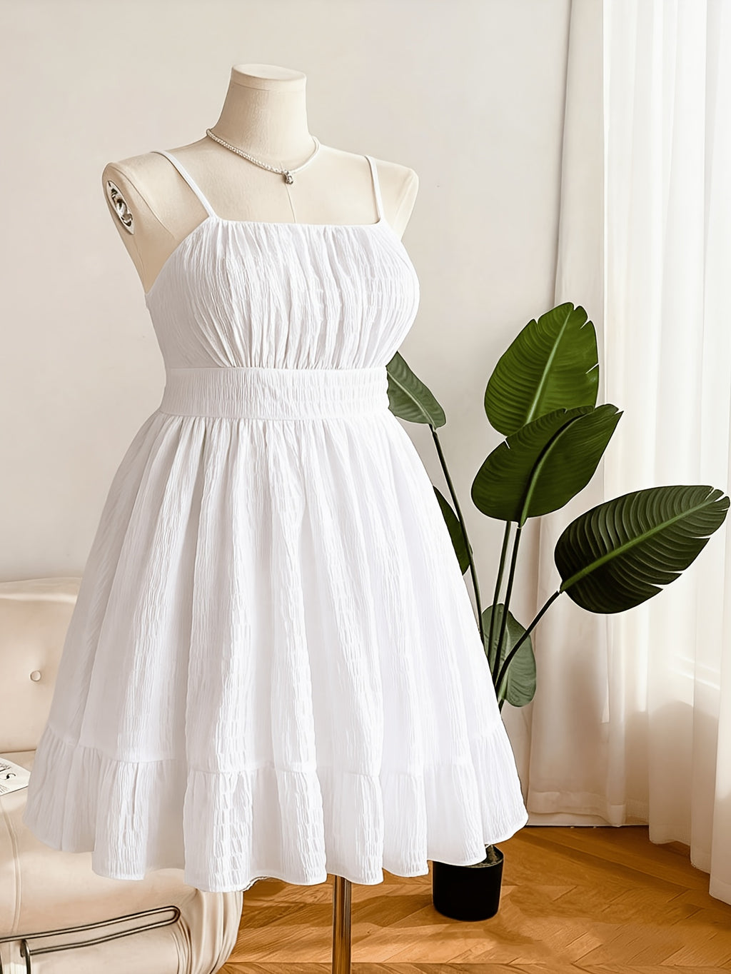 Robe vert sauge grande taille — Tissu gaufré et buste ruché