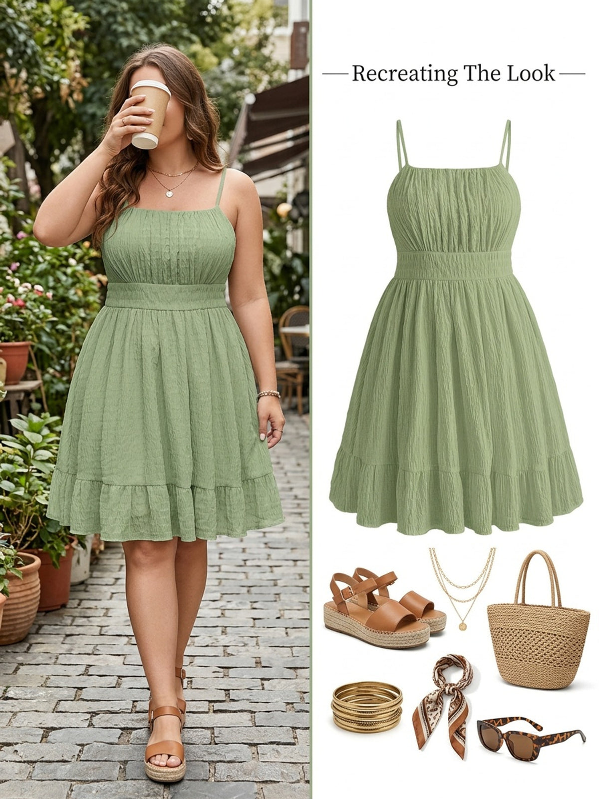 Robe vert sauge grande taille — Tissu gaufré et buste ruché