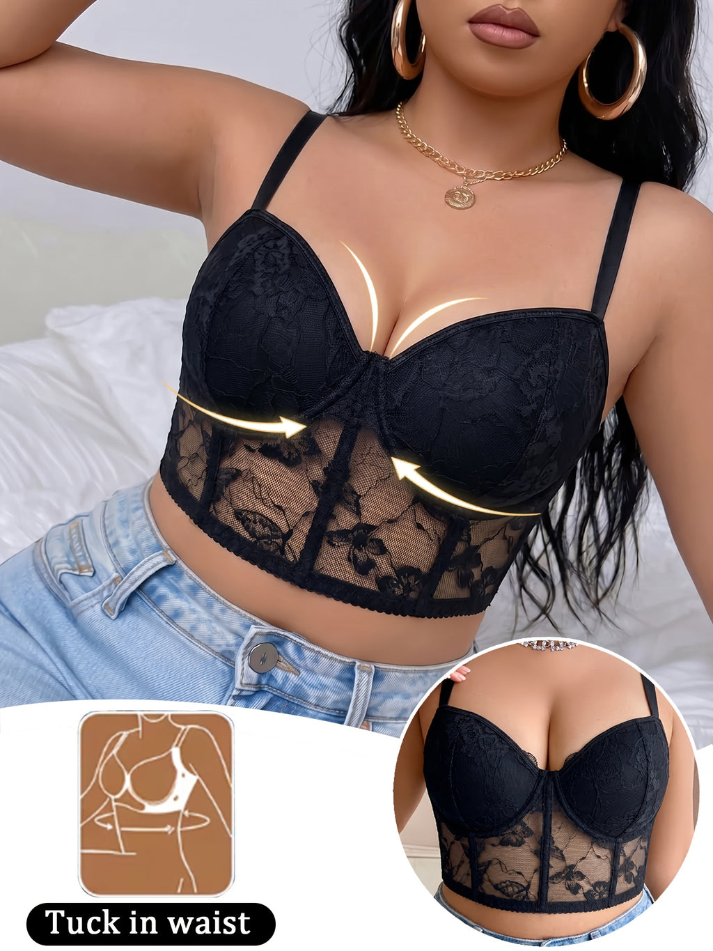 Soutien-gorge bustier grande taille, dentelle papillon noire
