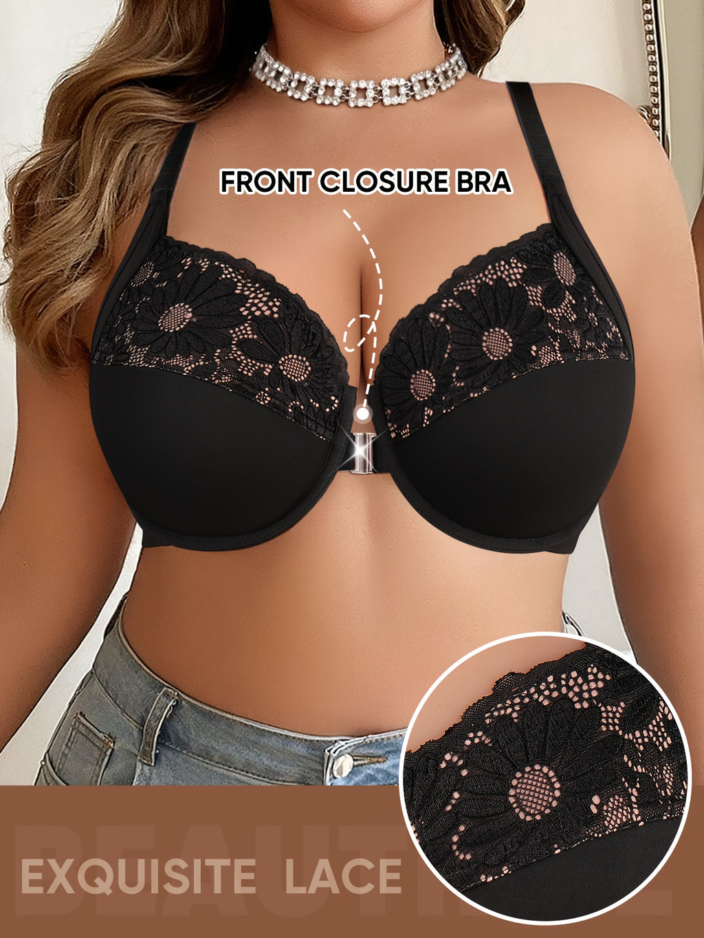 Soutien-gorge grande taille à clip — Dentelle marguerite ajourée