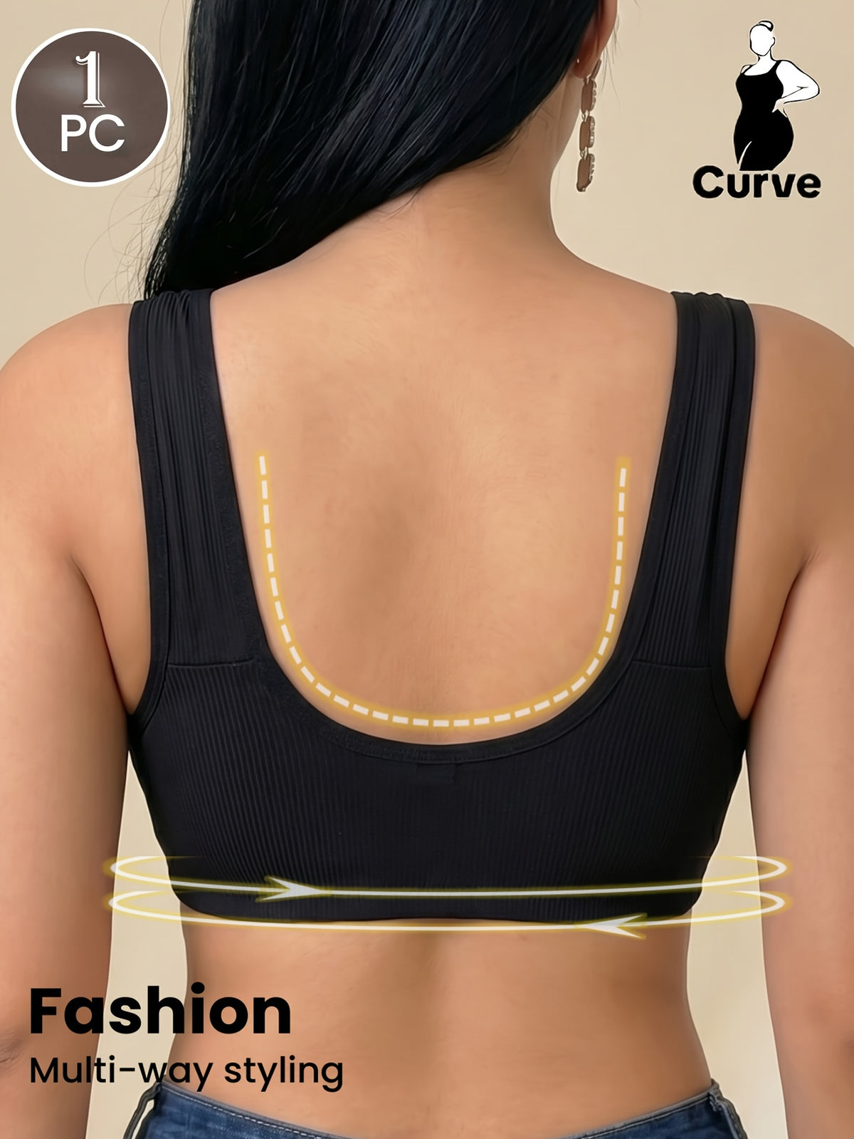 Soutien-gorge grande taille — Côtelé noir, agrafes devant