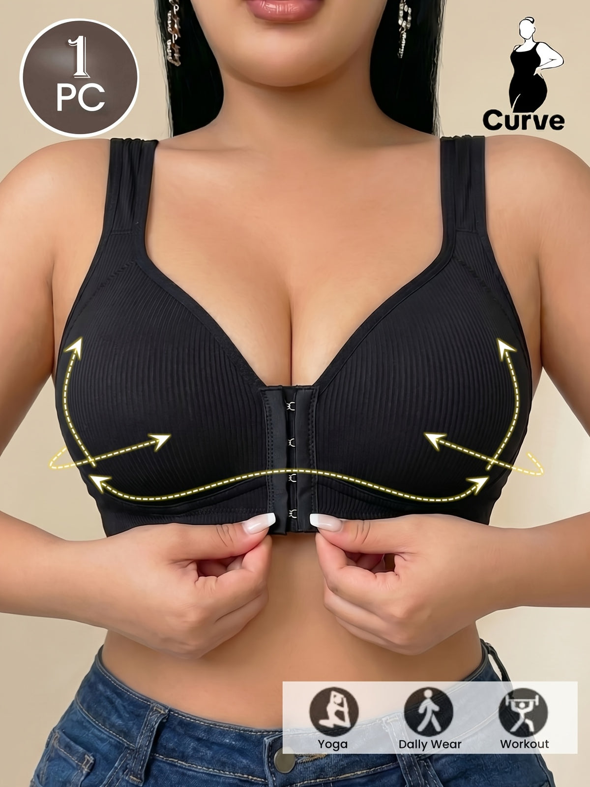 Soutien-gorge grande taille — Côtelé noir, agrafes devant
