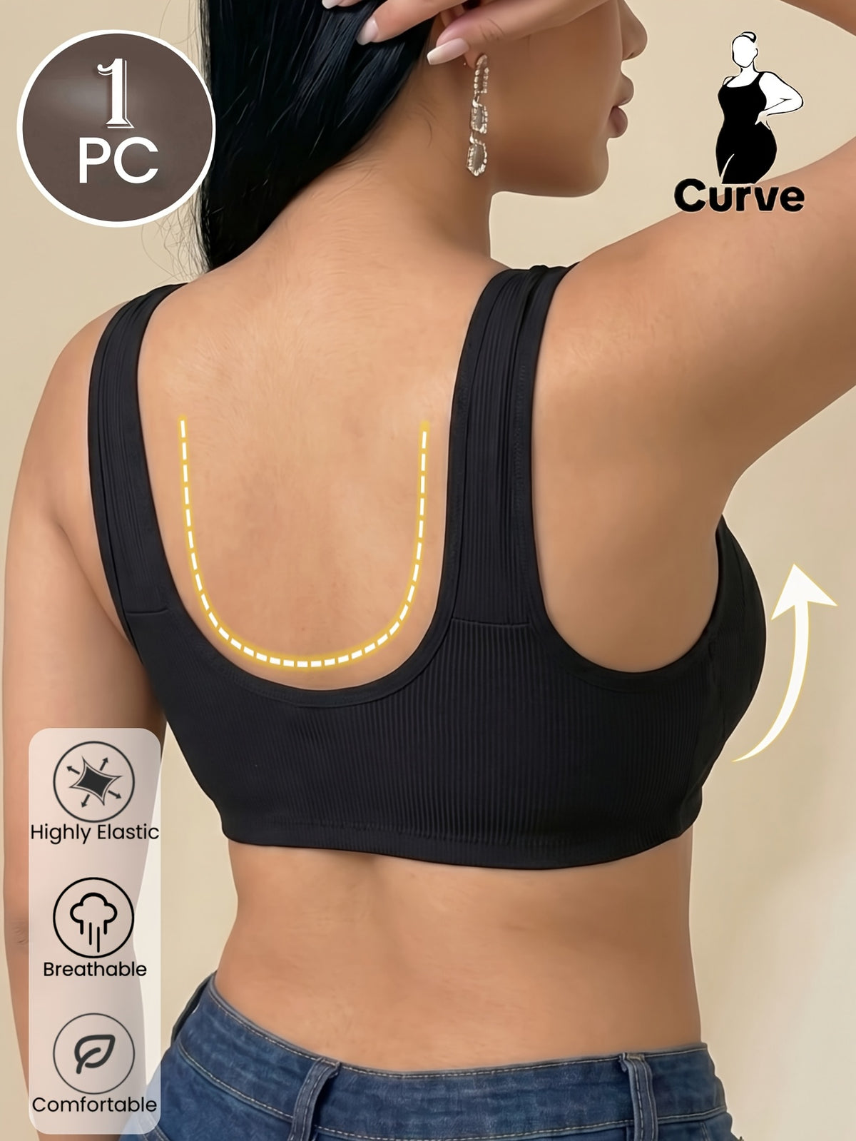 Soutien-gorge grande taille — Côtelé noir, agrafes devant