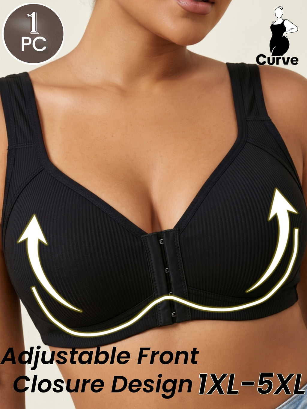 Soutien-gorge grande taille — Côtelé noir, agrafes devant