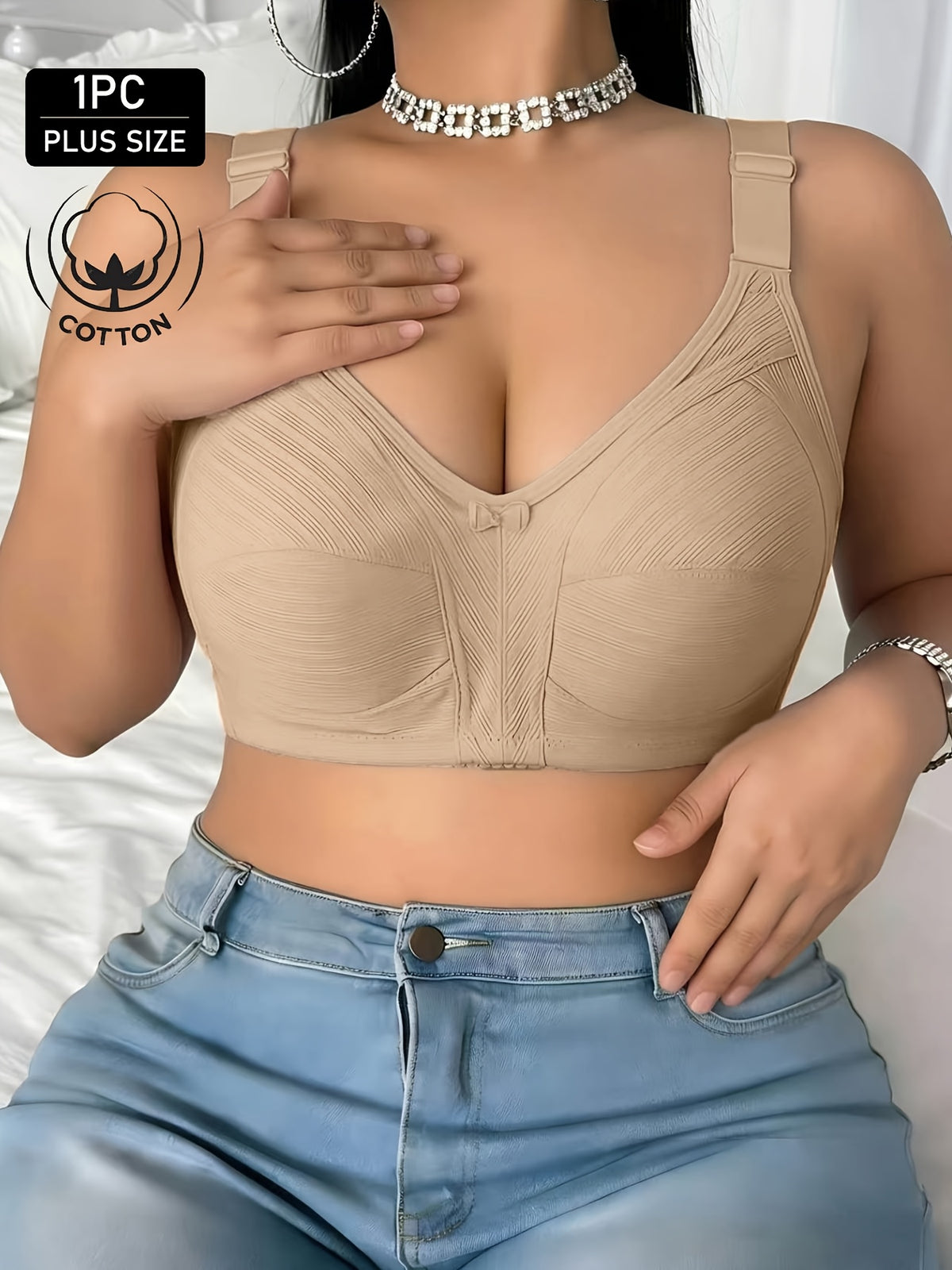 Soutien-gorge grande taille — Coton nervuré, nu, bleu, rose