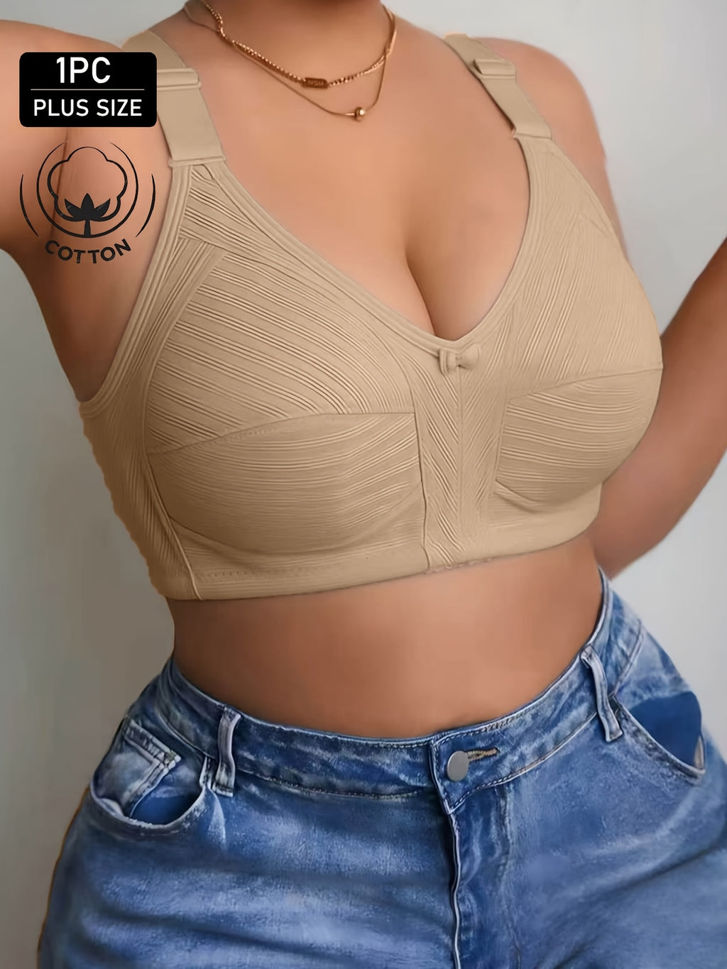Soutien-gorge grande taille — Coton nervuré, nu, bleu, rose