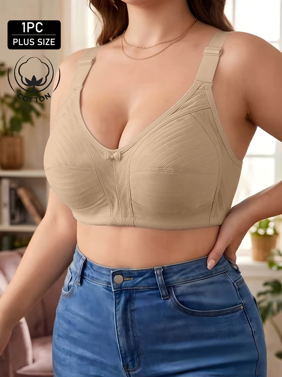 Soutien-gorge grande taille — Coton nervuré, nu, bleu, rose