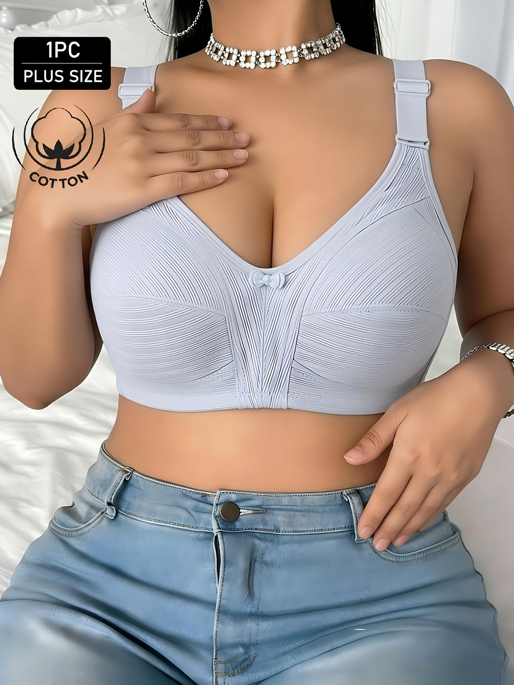 Soutien-gorge grande taille — Coton nervuré, nu, bleu, rose