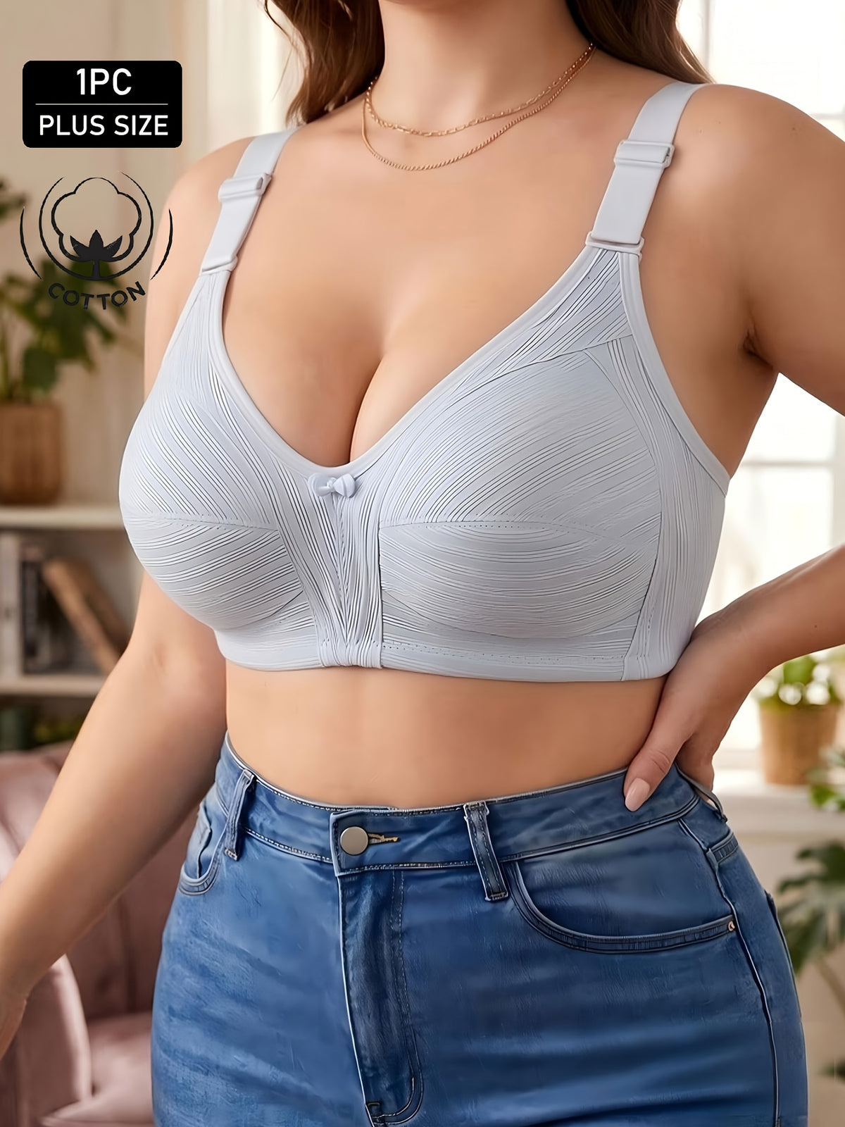 Soutien-gorge grande taille — Coton nervuré, nu, bleu, rose