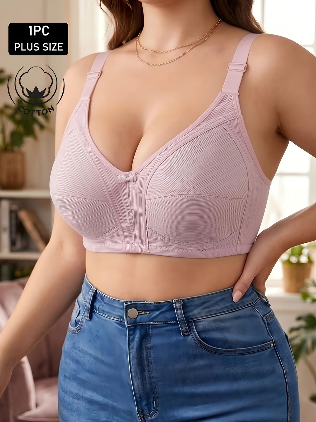 Soutien-gorge grande taille — Coton nervuré, nu, bleu, rose