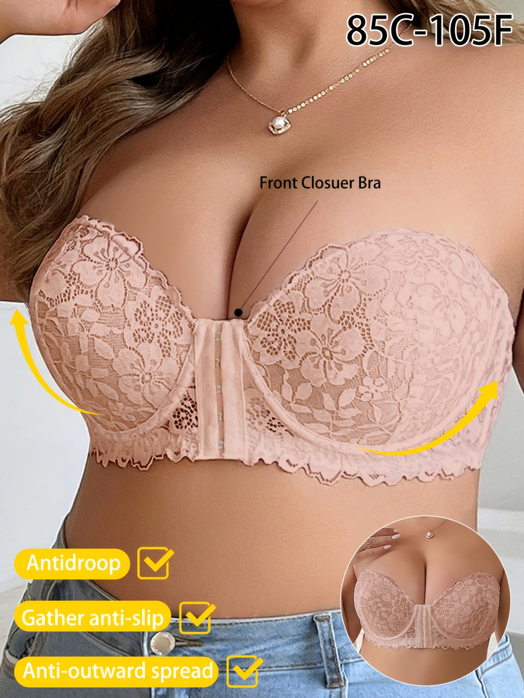 Soutien-gorge fermeture devant grande taille — Motif floral nude
