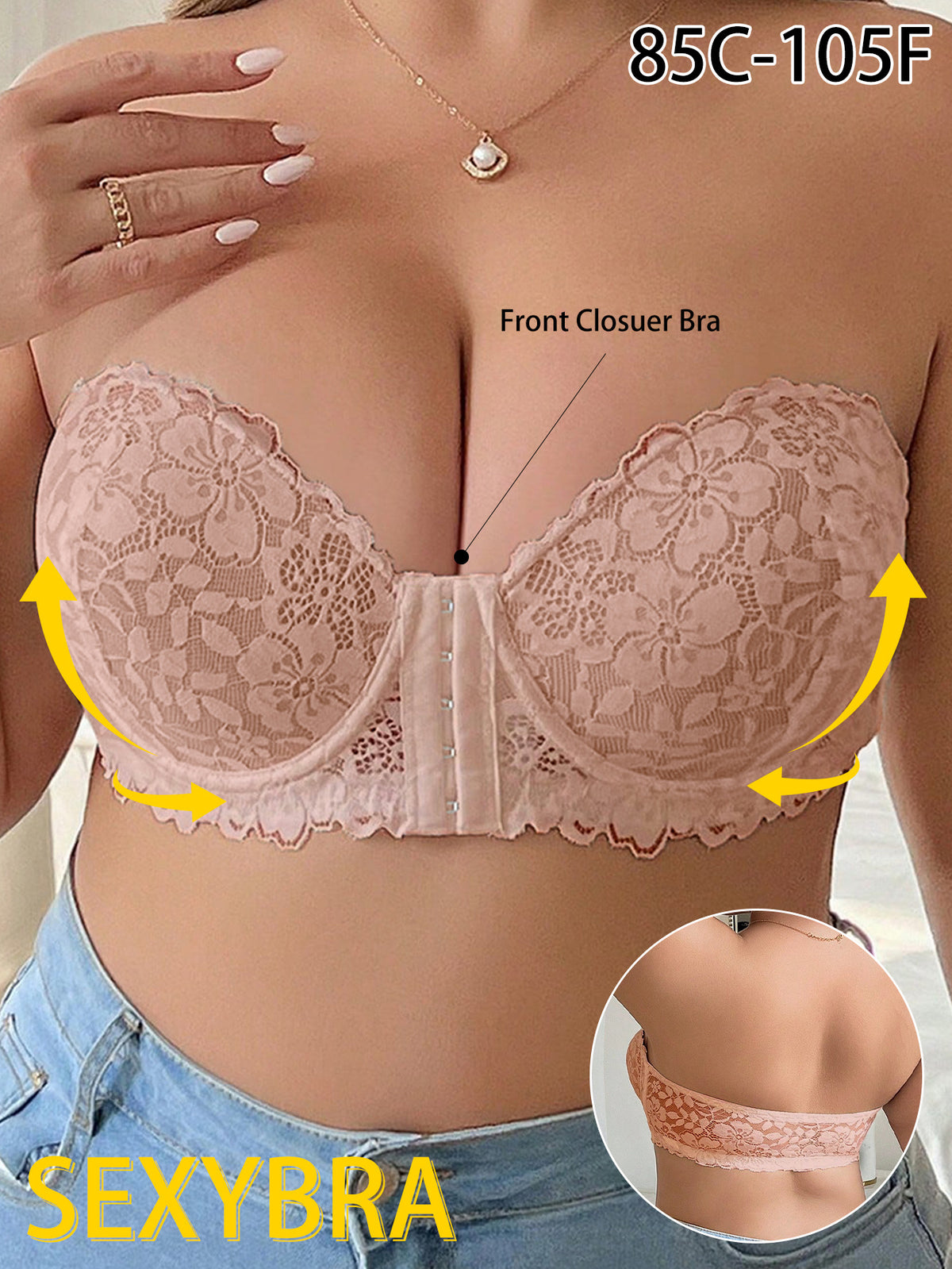 Soutien-gorge fermeture devant grande taille — Motif floral nude