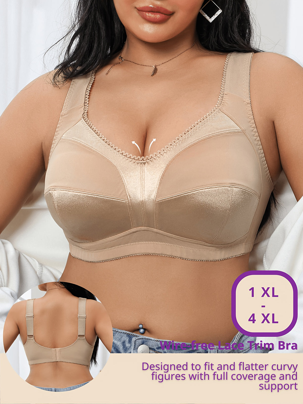 Soutien-gorge grande taille — Bonnet satiné, côtés hauts