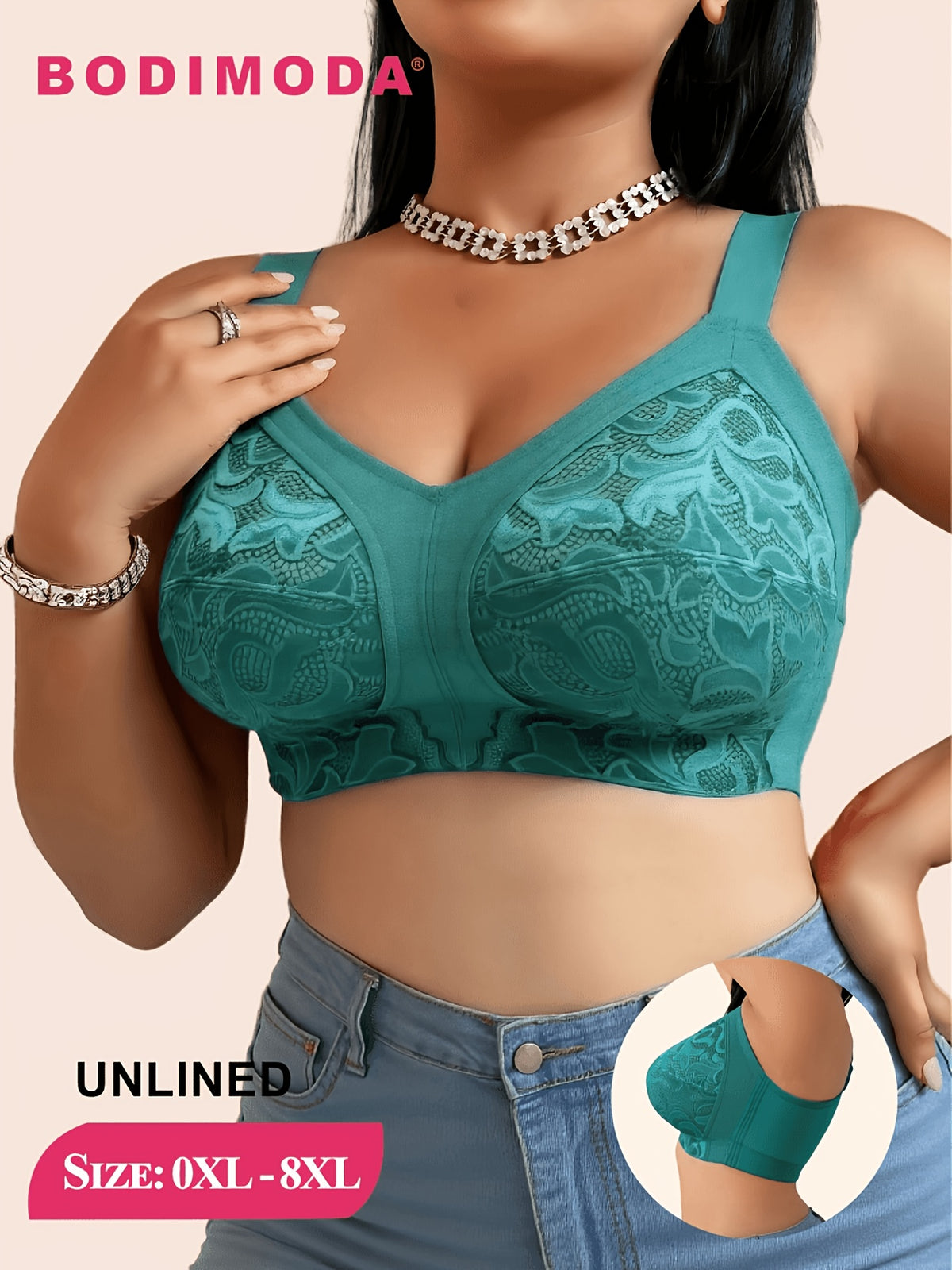 Soutien-gorge grande taille turquoise — Côtés allongés en dentelle
