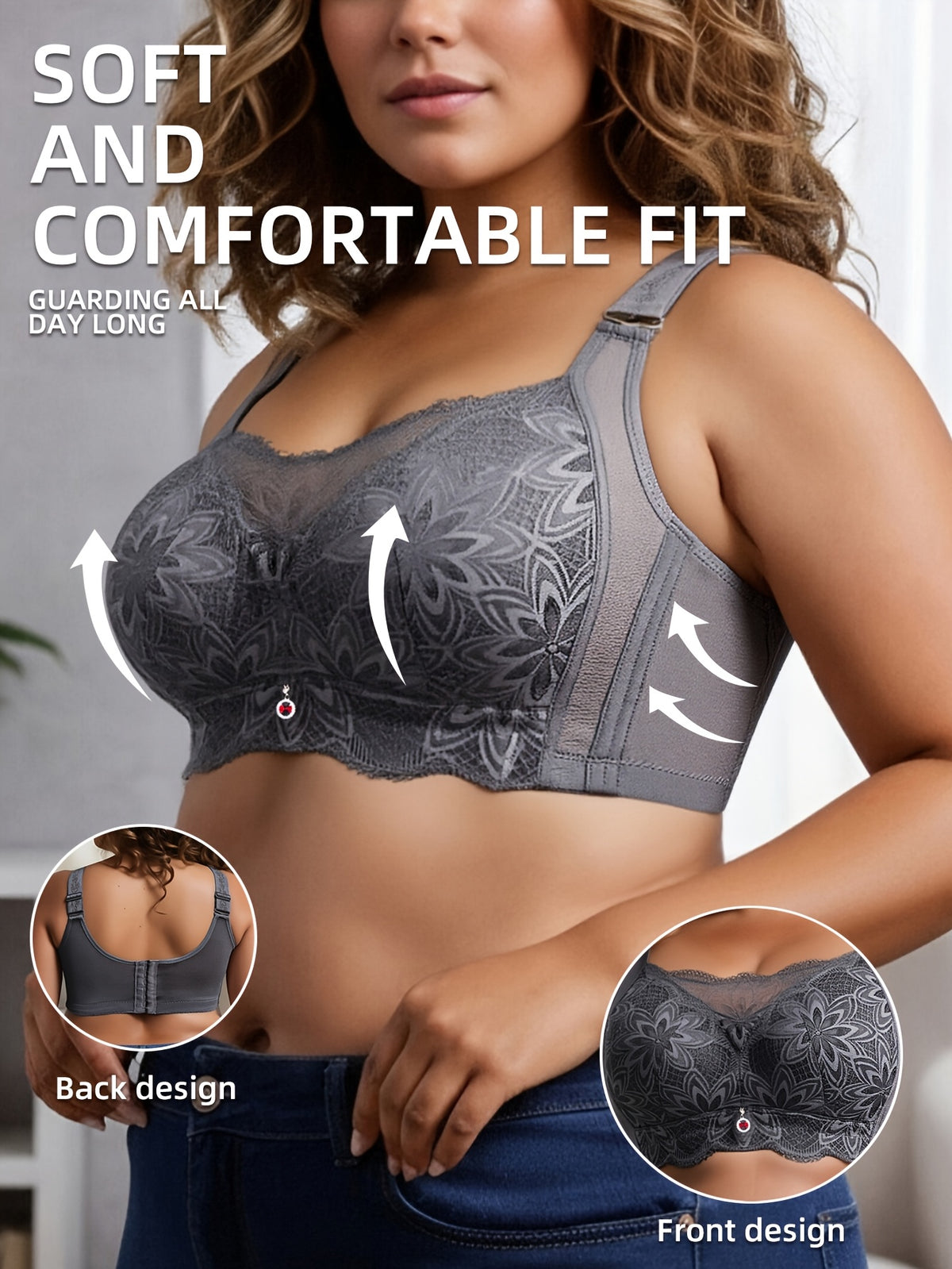 Soutien-gorge grande taille, dentelle longue, bande large