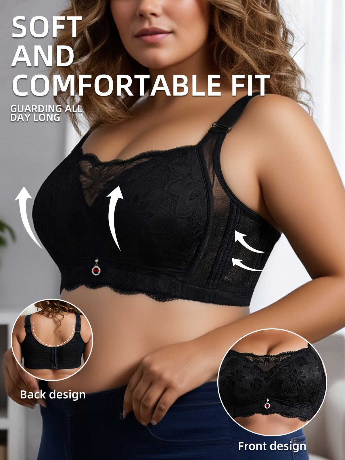 Soutien-gorge grande taille, dentelle longue, bande large