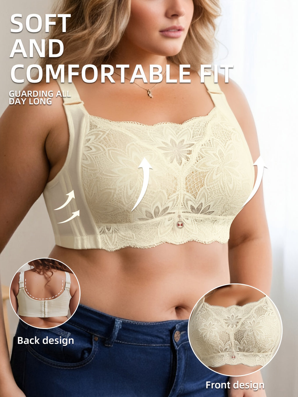 Soutien-gorge grande taille, dentelle longue, bande large