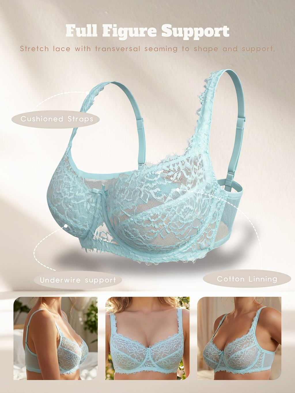 Soutien-gorge grande taille — Bleu givré, dentelle sur tulle
