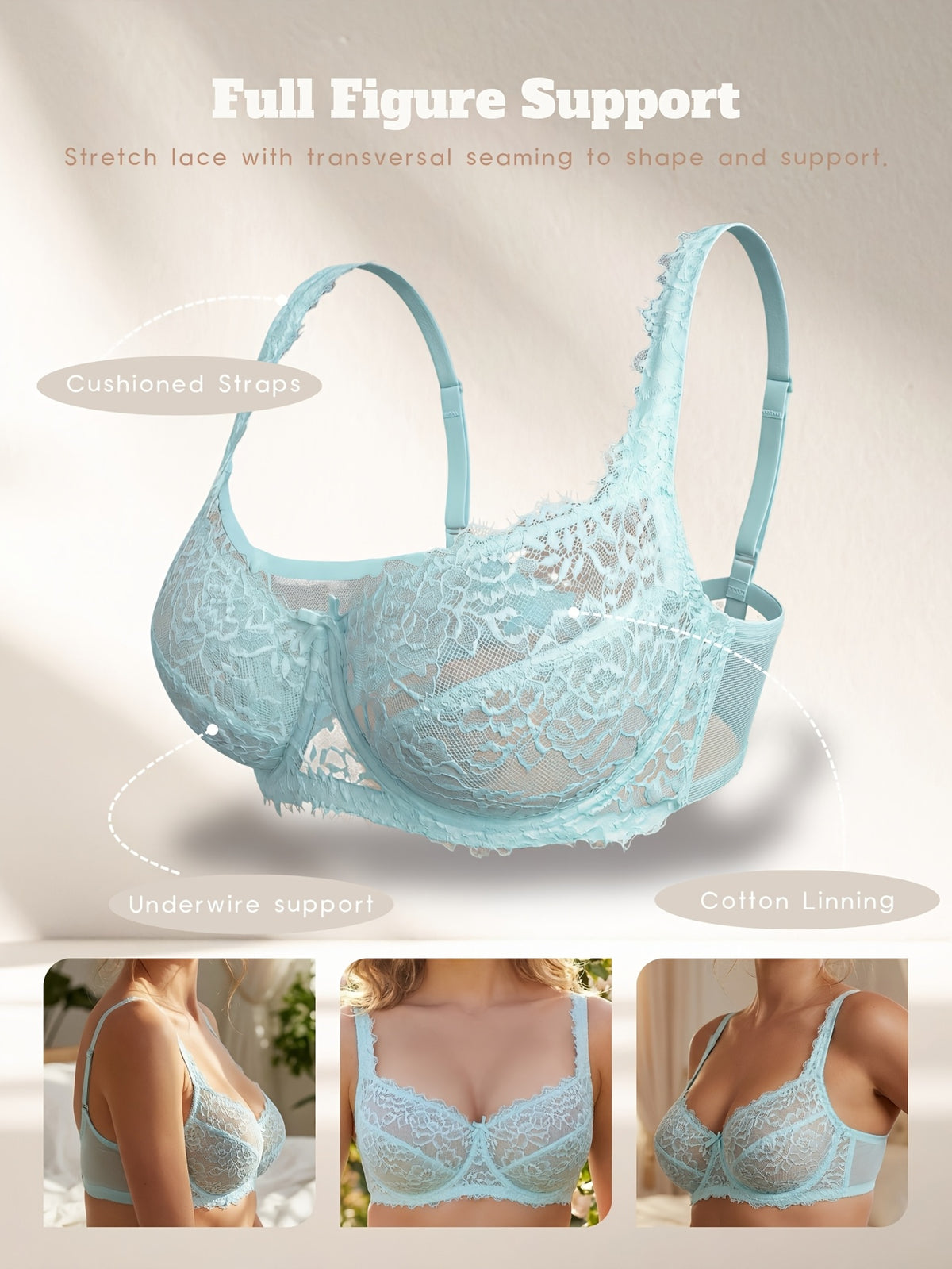 Soutien-gorge grande taille — Bleu givré, dentelle sur tulle