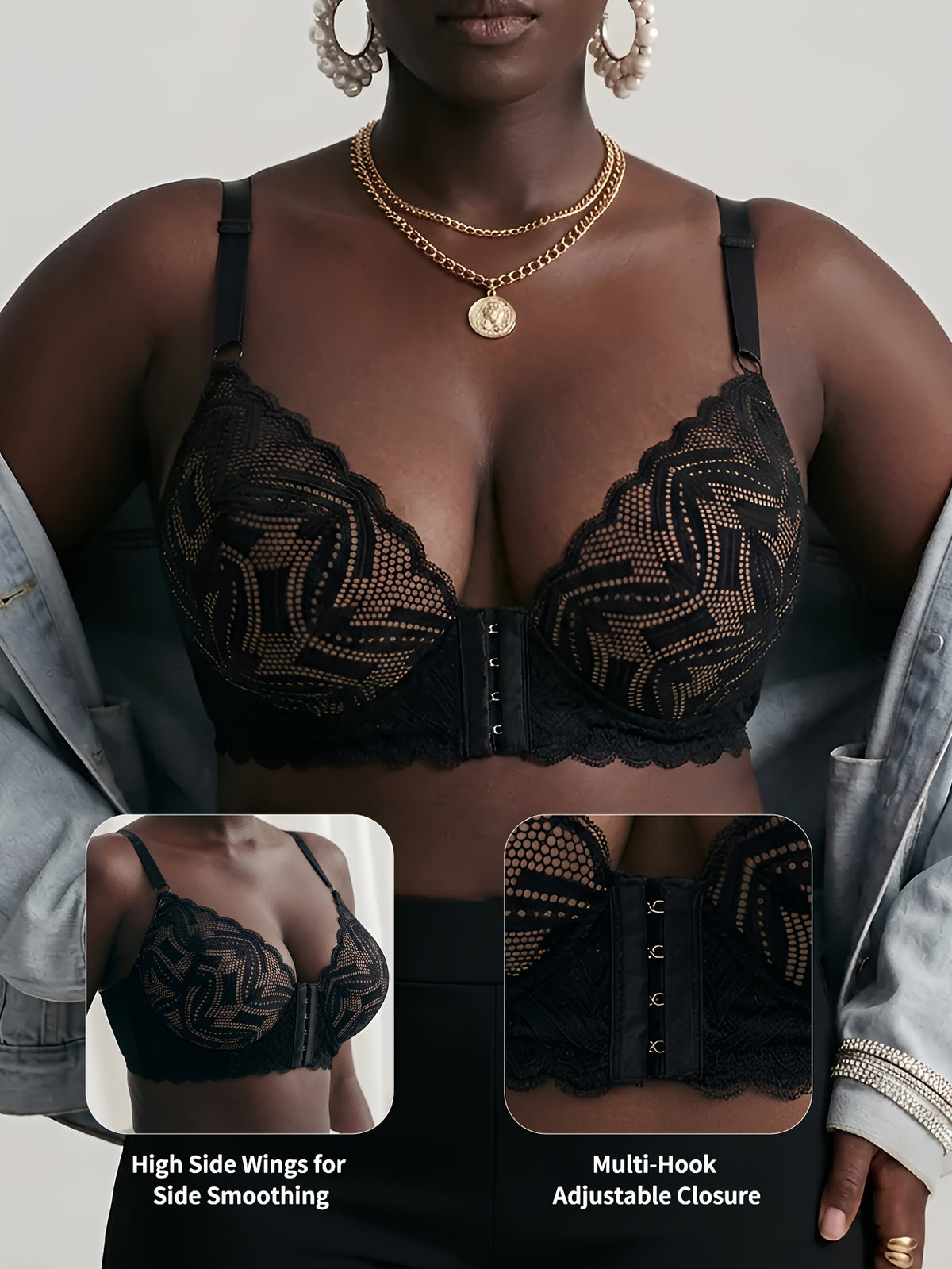 Soutien-gorge grande taille — Busc frontal, dentelle noire