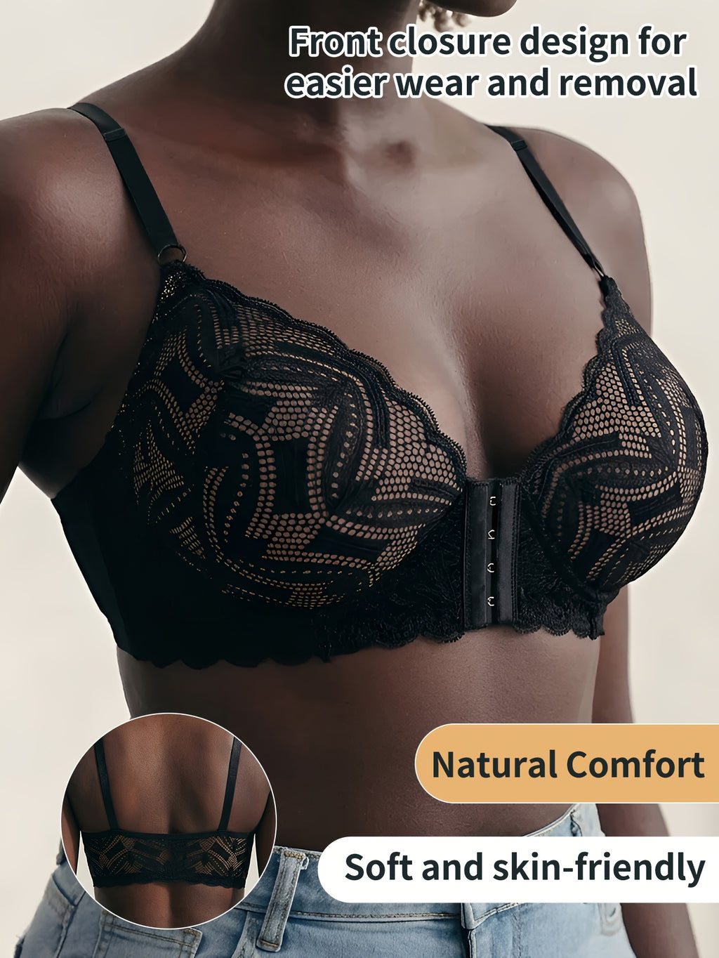 Soutien-gorge grande taille — Busc frontal, dentelle noire