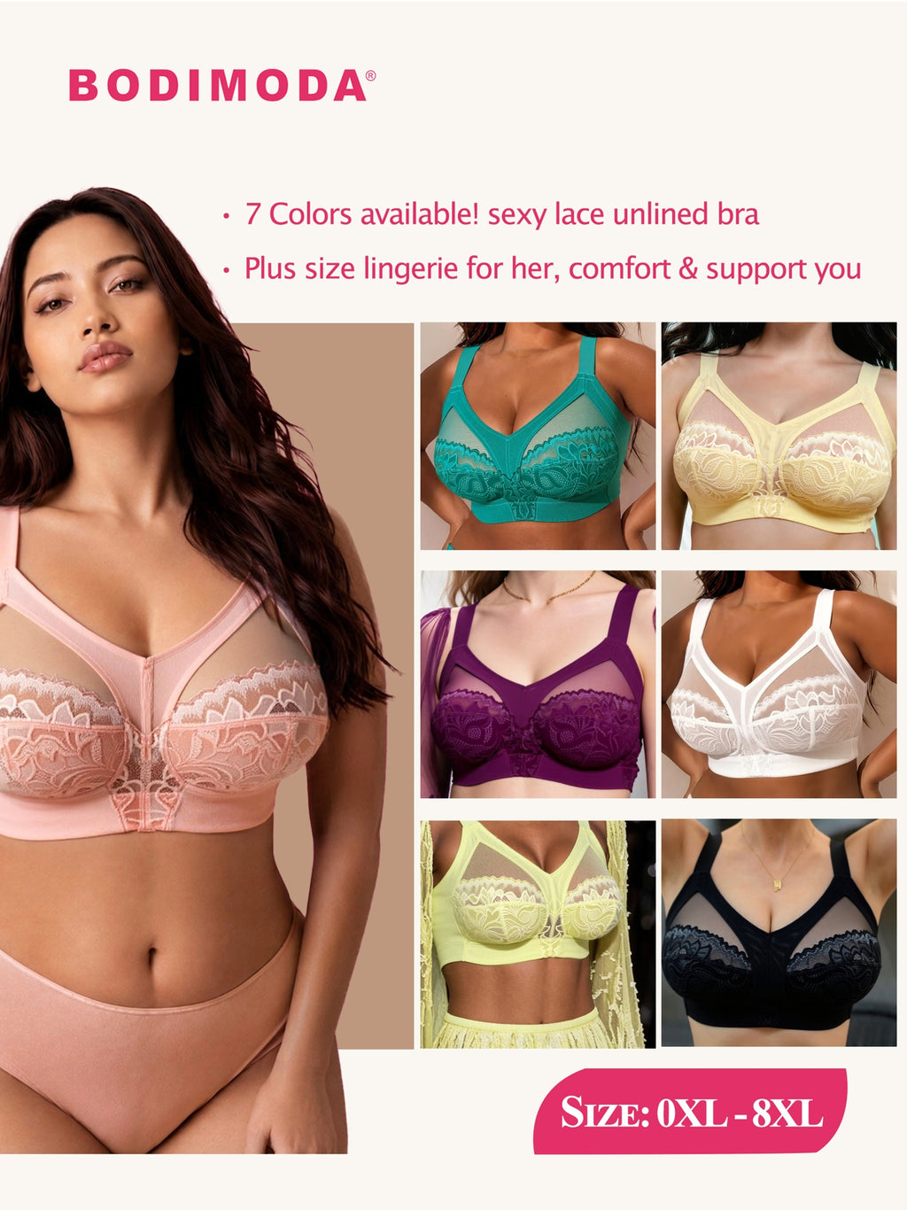 Soutien-gorge grande taille — Dentelle rose du 0XL au 8XL