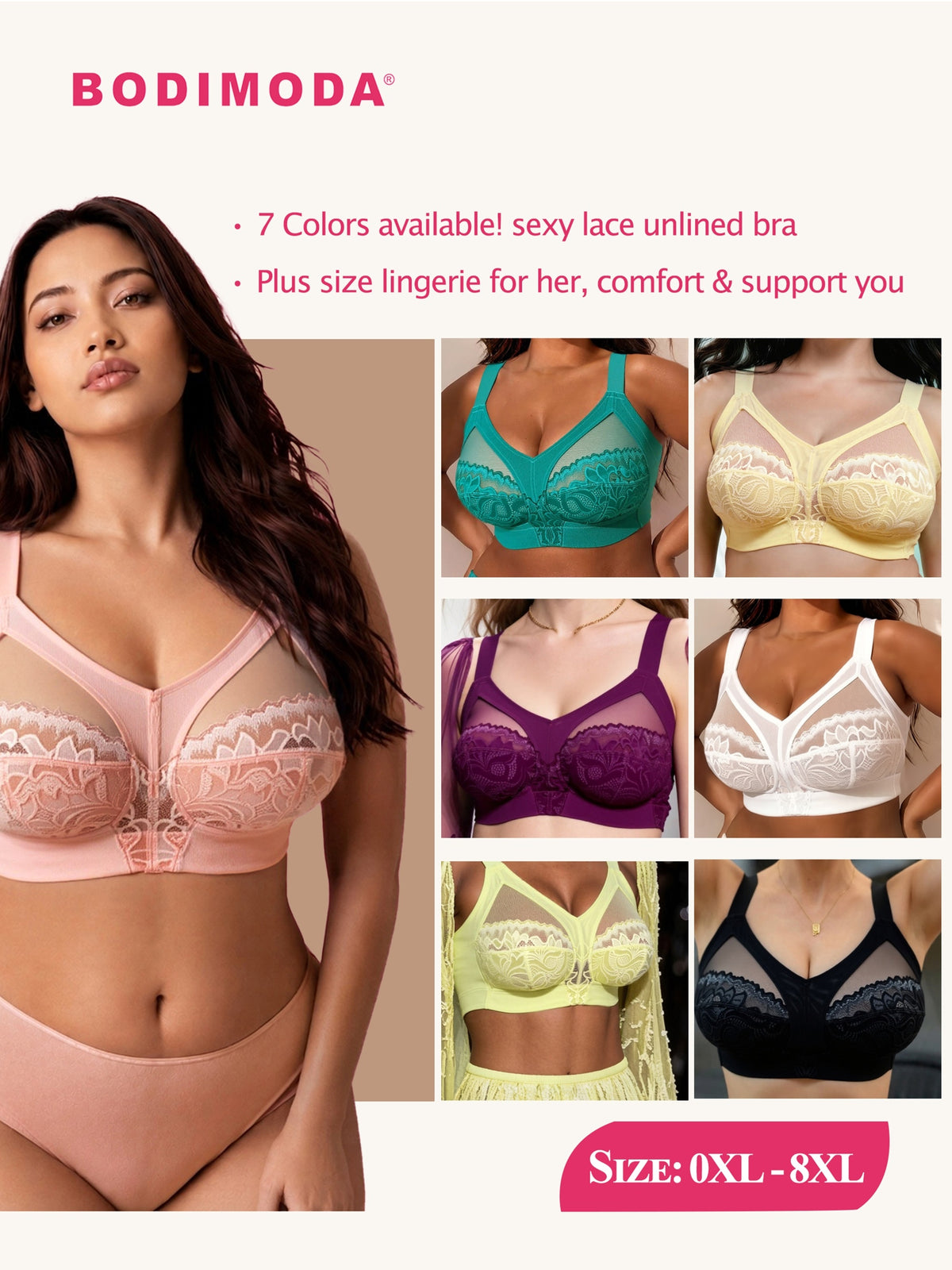 Soutien-gorge grande taille — Dentelle rose du 0XL au 8XL