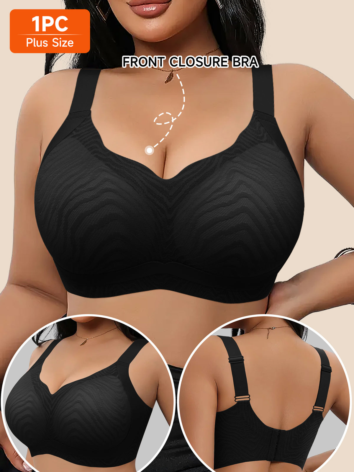Soutien-gorge grande taille — Jersey gaufré noir à baleines