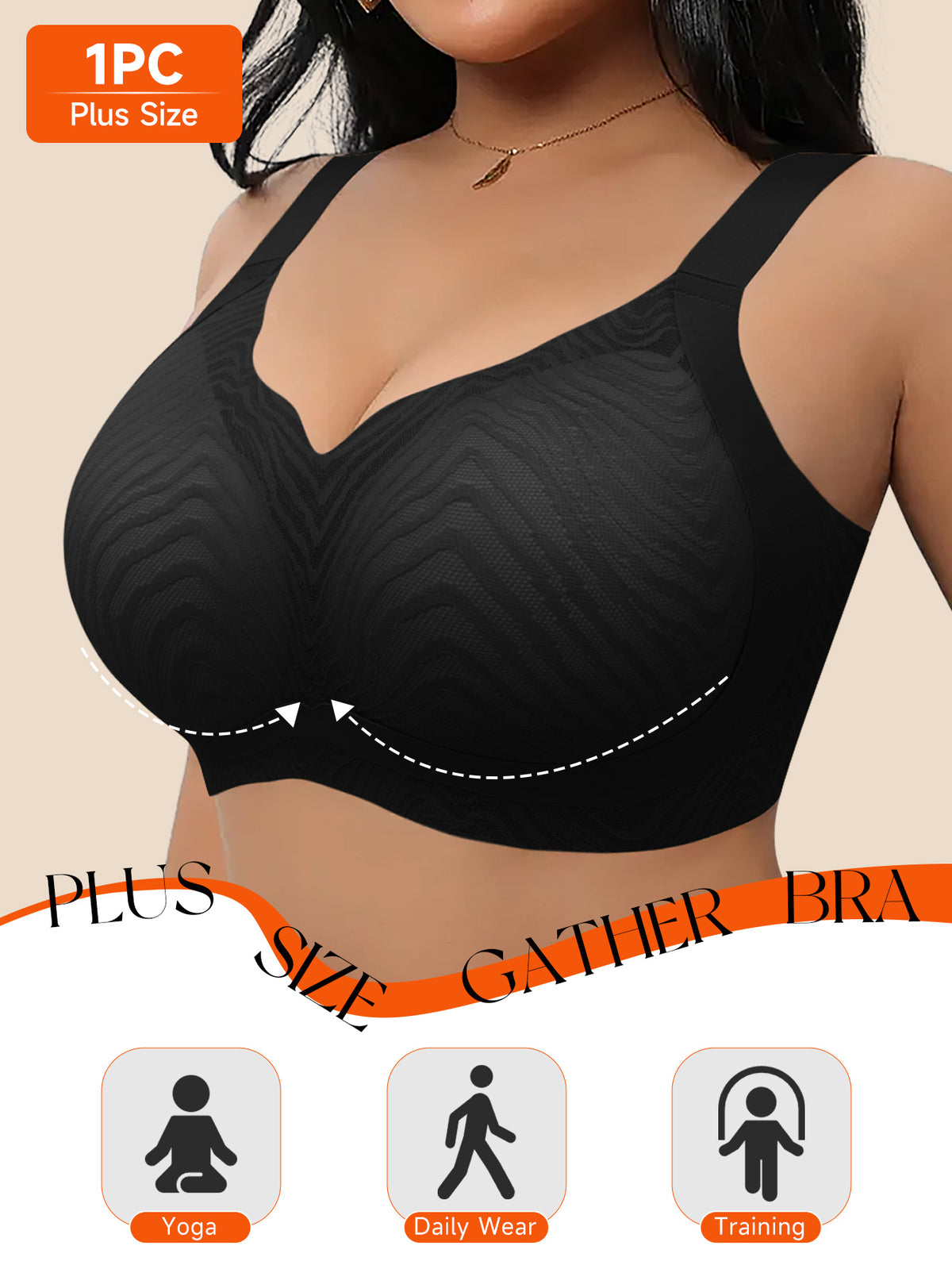 Soutien-gorge grande taille — Jersey gaufré noir à baleines