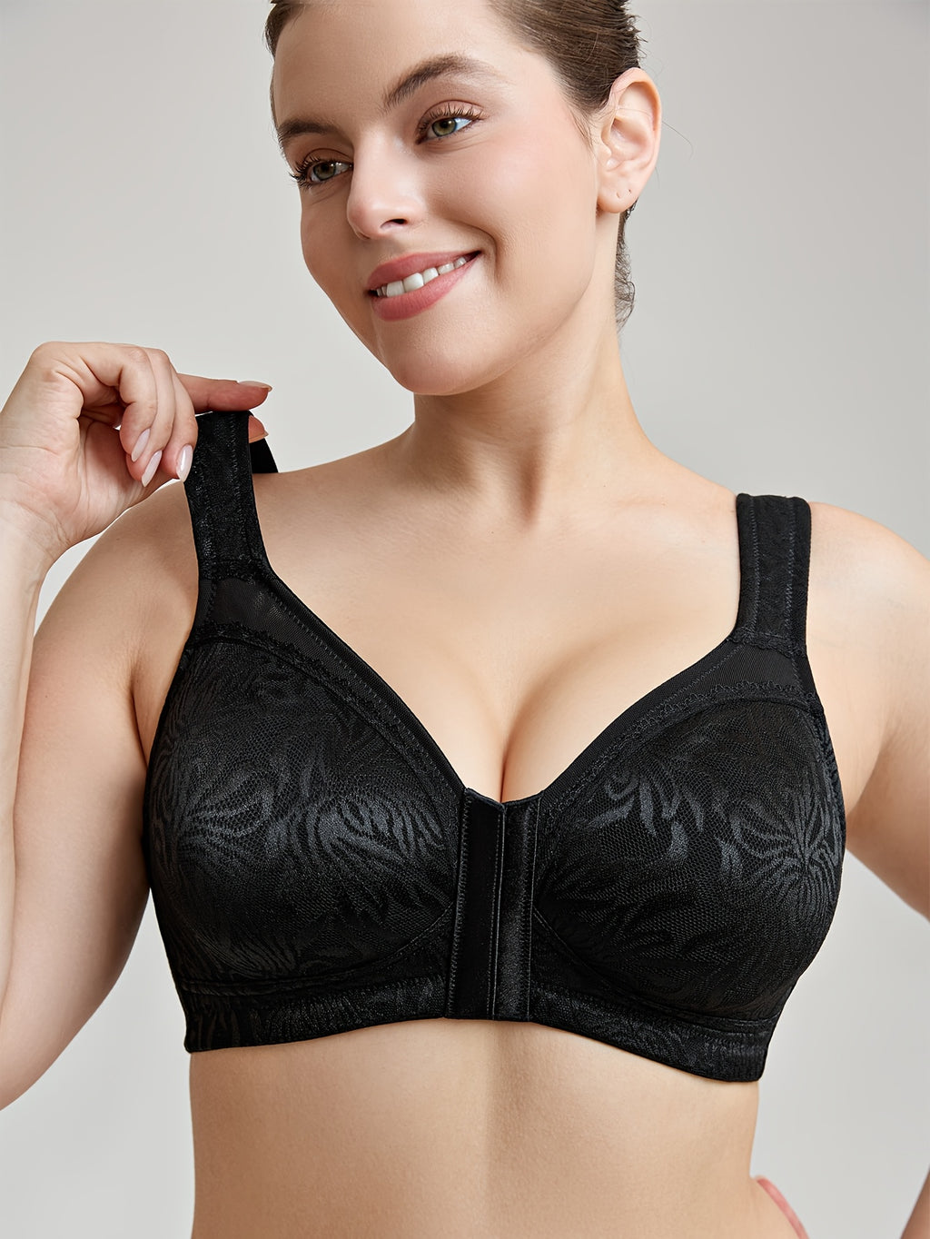 Soutien-gorge grande taille — Noir tissé, ouverture avant