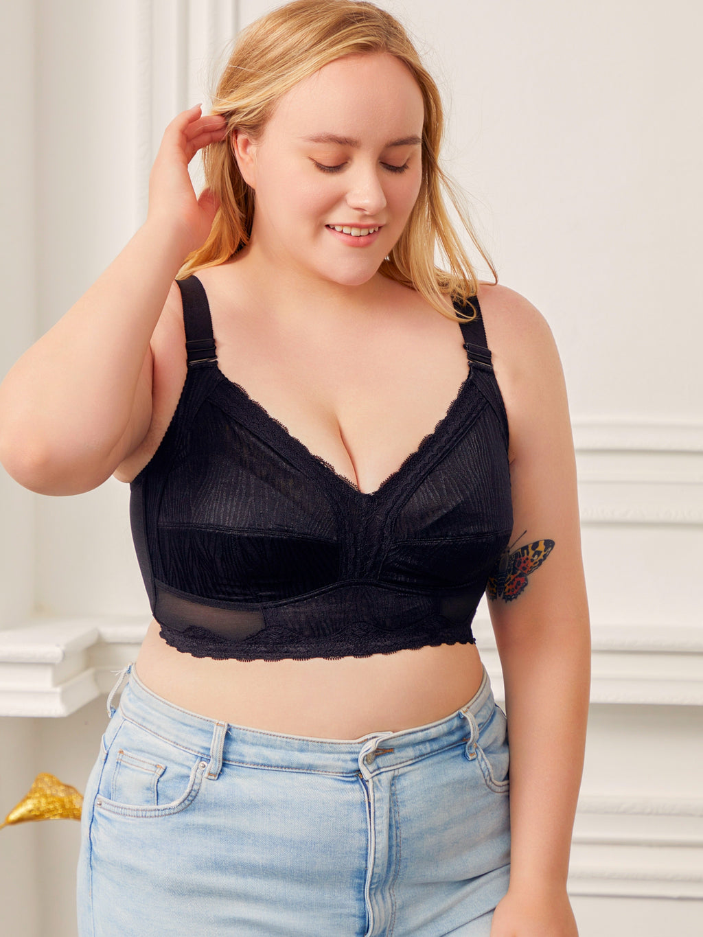 Soutien-gorge grande taille — Noir plissé et coupe longue