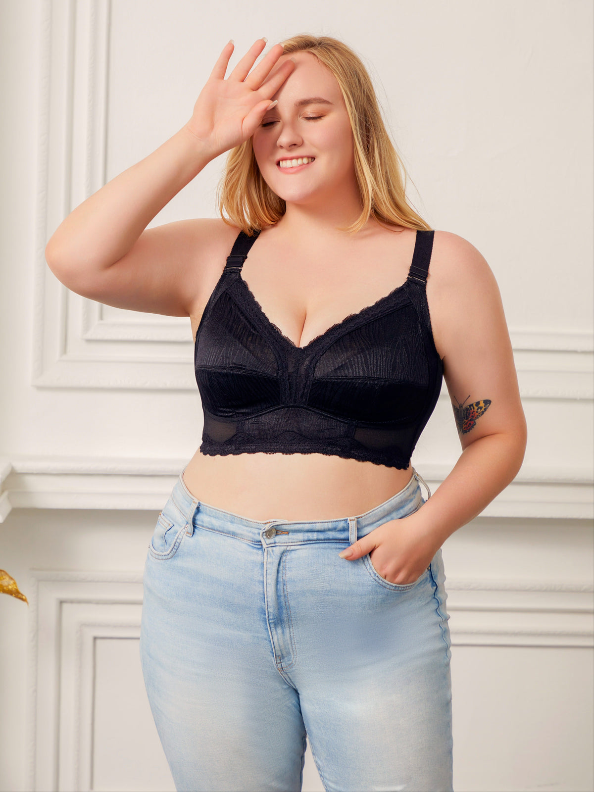 Soutien-gorge grande taille — Noir plissé et coupe longue