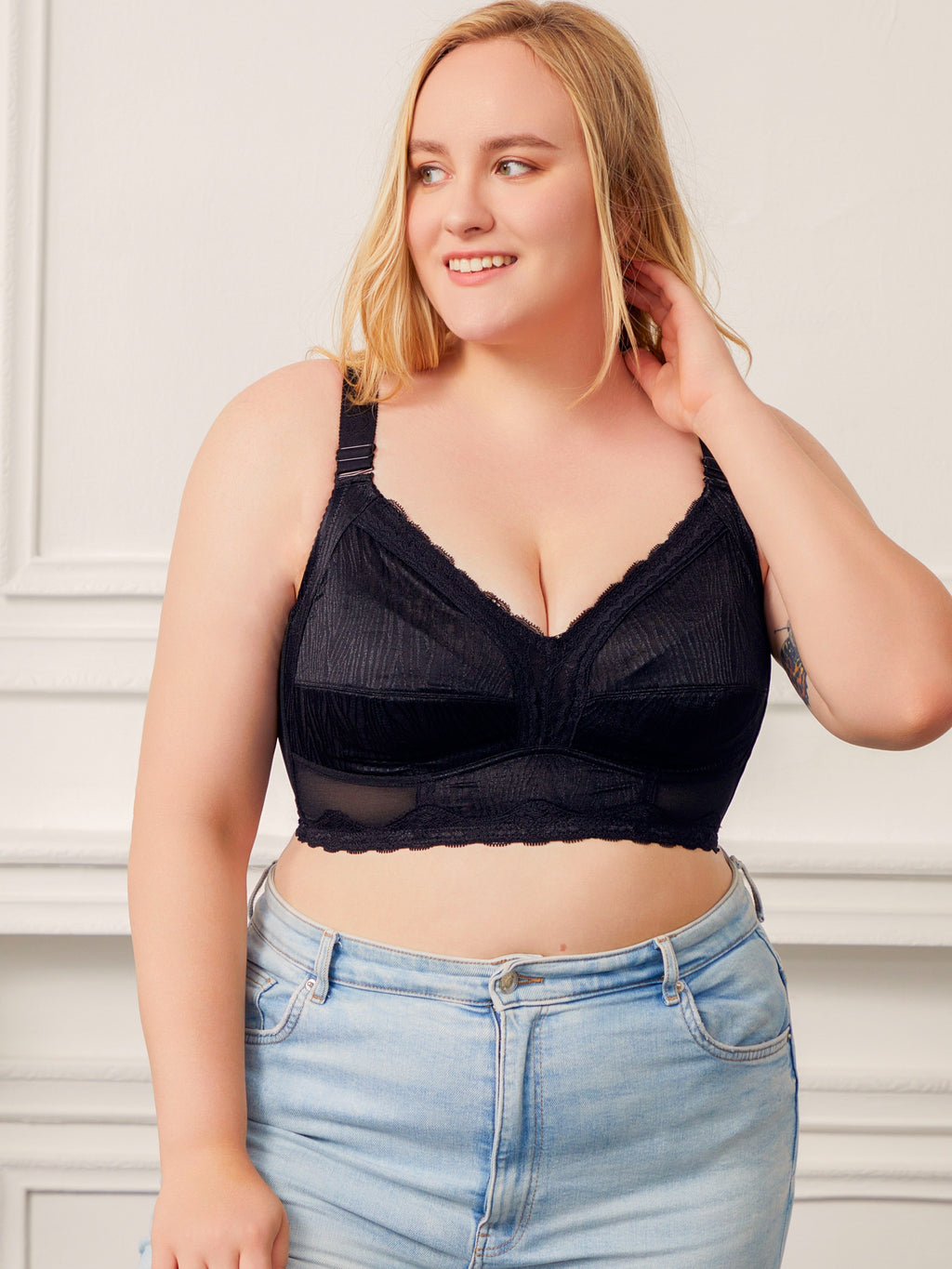 Soutien-gorge grande taille — Noir plissé et coupe longue
