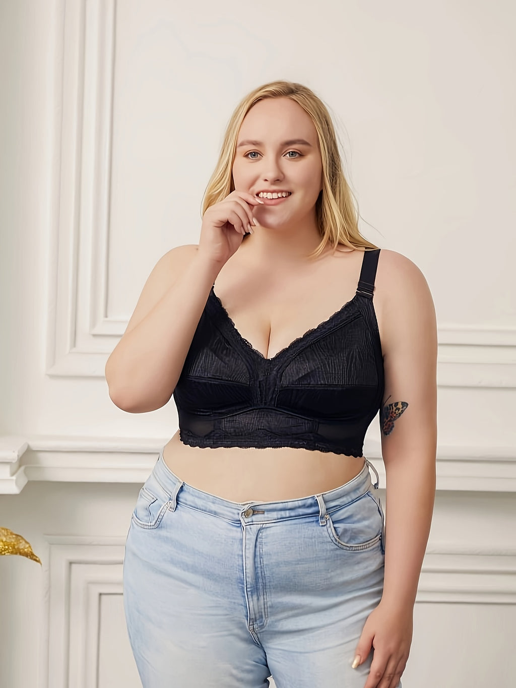 Soutien-gorge grande taille — Noir plissé et coupe longue