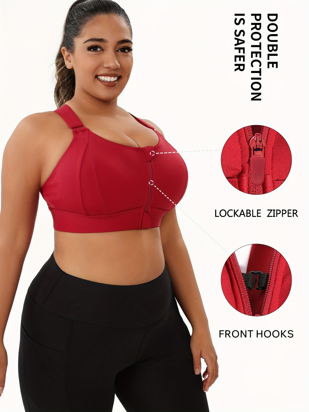 Soutien-gorge de sport grande taille, zip devant, dos en X