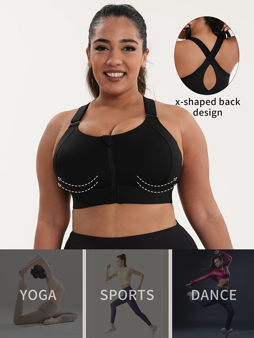 Soutien-gorge de sport grande taille, zip devant, dos en X