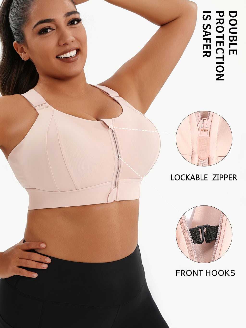Soutien-gorge de sport grande taille, zip devant, dos en X