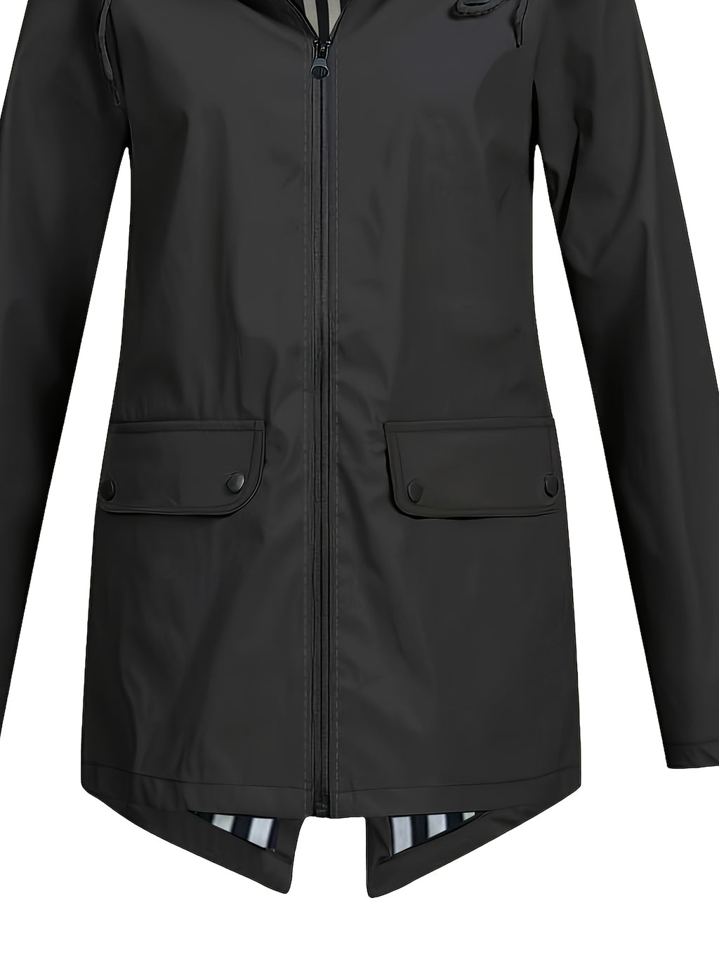 Veste grande taille, capuche, poches plaquées, esprit décontracté, détail du col