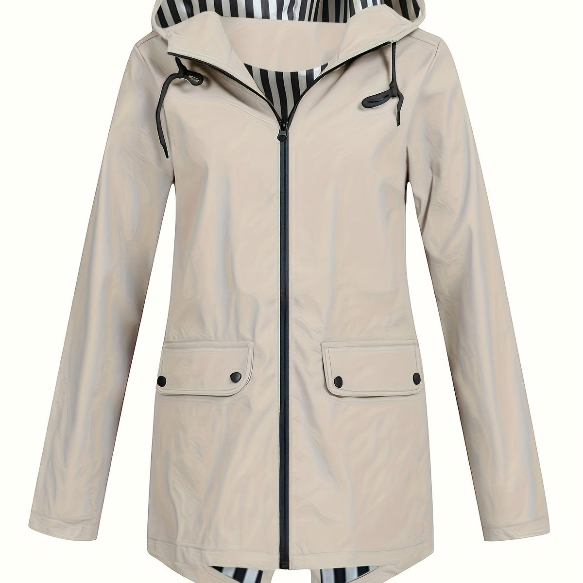 Veste grande taille, capuche, poches plaquées, esprit décontracté, tissu opaque
