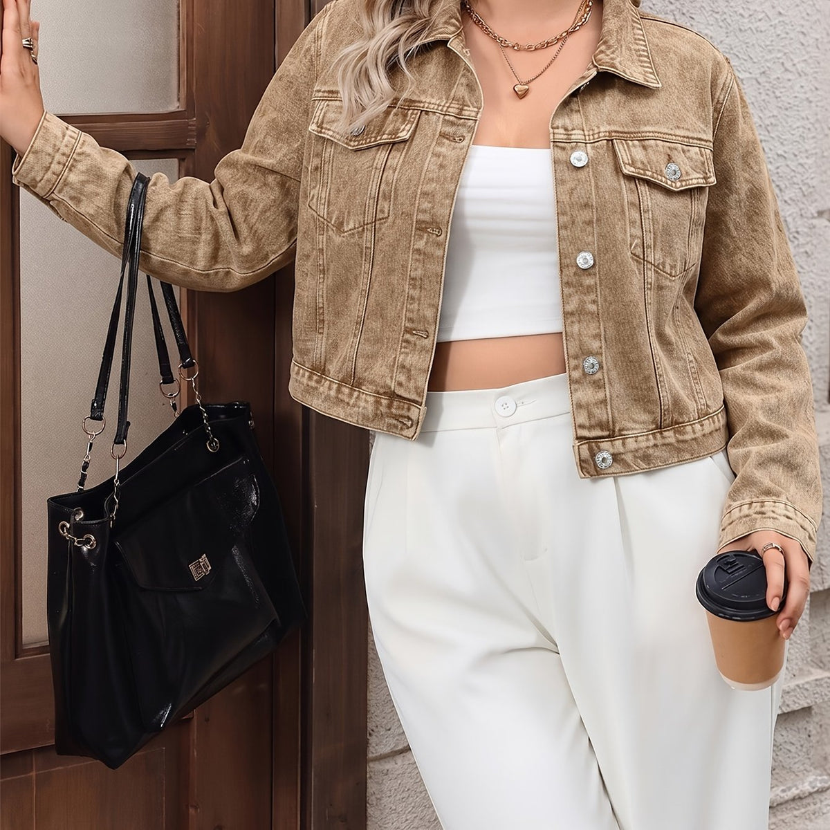 Veste grande taille, col à revers, boutonnage, tenue franche — matière : denim