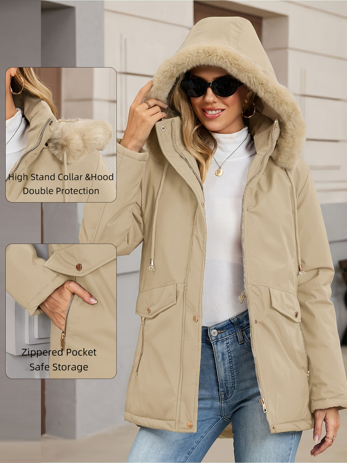 Veste grande taille, coupe oversize, longueur midi, capuche — matière : polyester Image