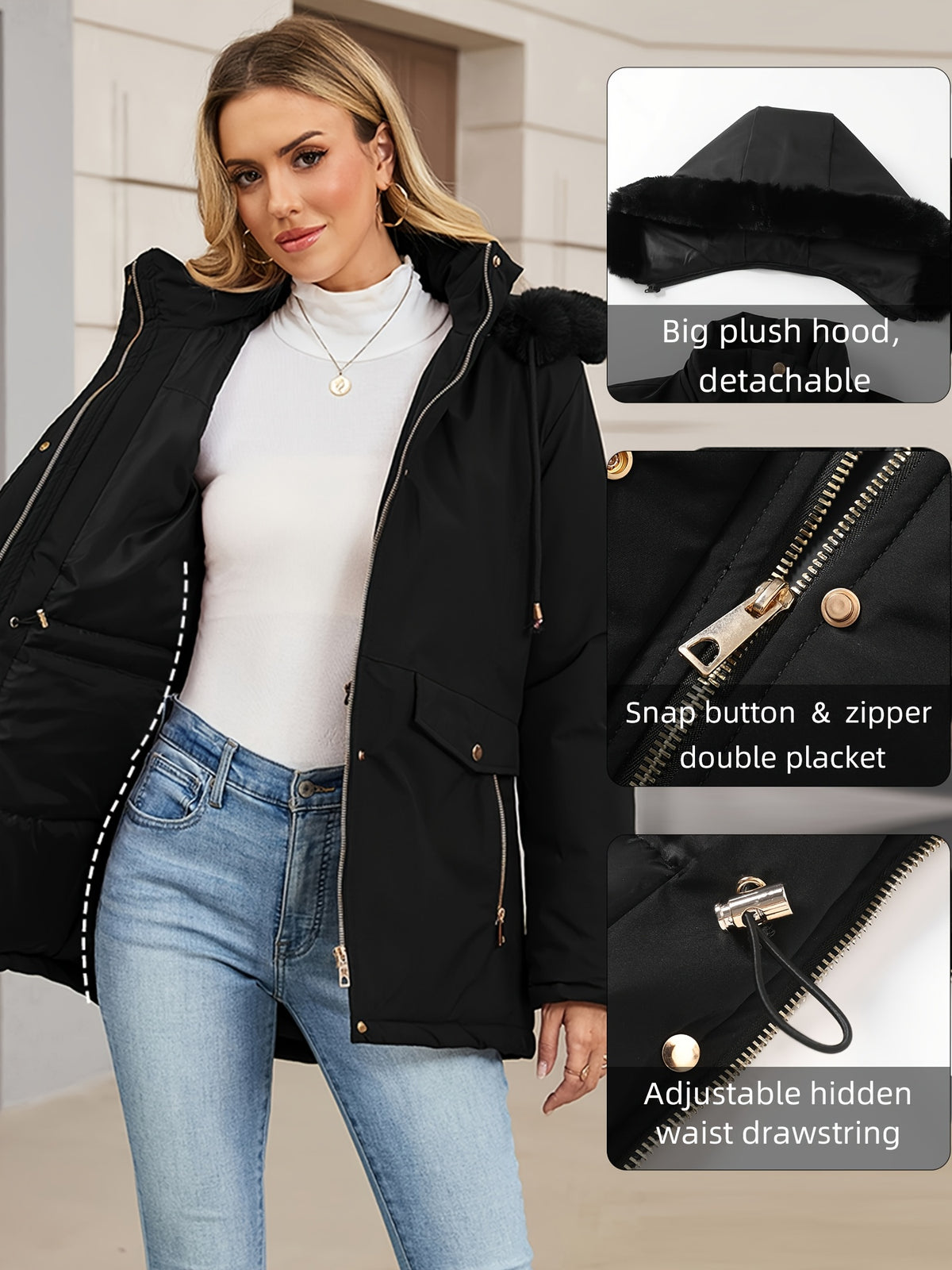 Veste grande taille, coupe oversize, longueur midi, capuche, gros plan